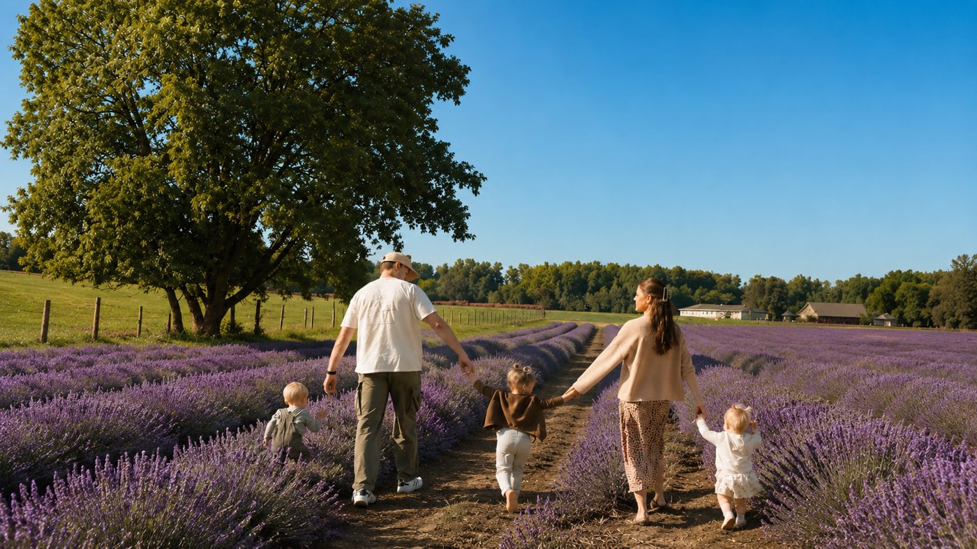 A family walking hand in hand through a lavender field