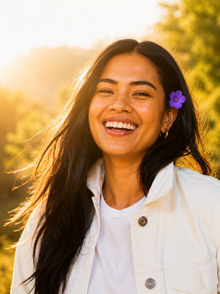 A woman smiling warmly in golden evening light